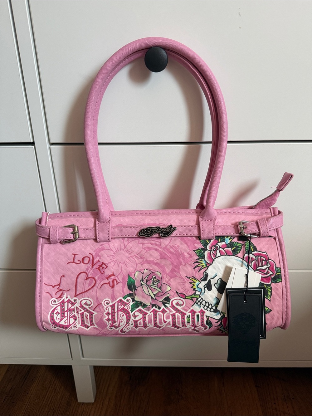 Ed Hardy Pink Floral Skull Shoulder Bag